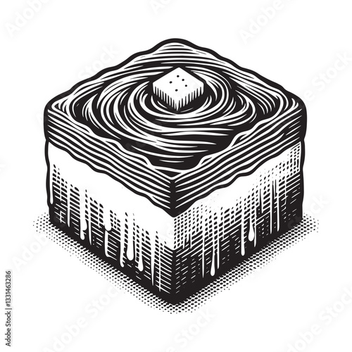 Stylized Monochrome Illustration of Knafeh with Creamy Cheese Filling