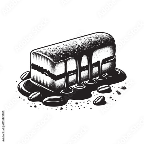 Stylized monochrome illustration of tiramisu layers with coffee beans and drizzle