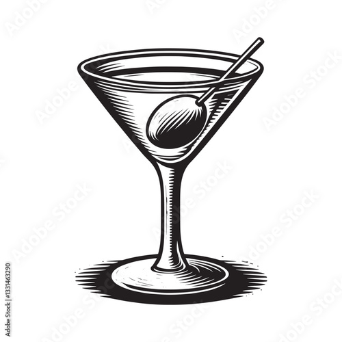 Stylized monochrome graphic of a martini cocktail with olive garnish