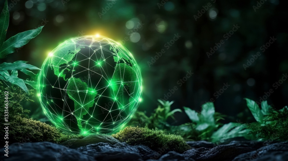 Obraz premium Glowing green Earth globe surrounded by lush green foliage, set against a dark, moody background. The image evokes a sense of environmentalism and global interconnectedness.