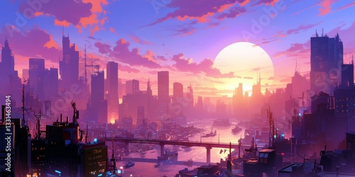 Vibrant Sunset Over a Futuristic Cityscape with Skyscrapers and Waterways Under a Colorful Sky Filled with Clouds and Lasting Light