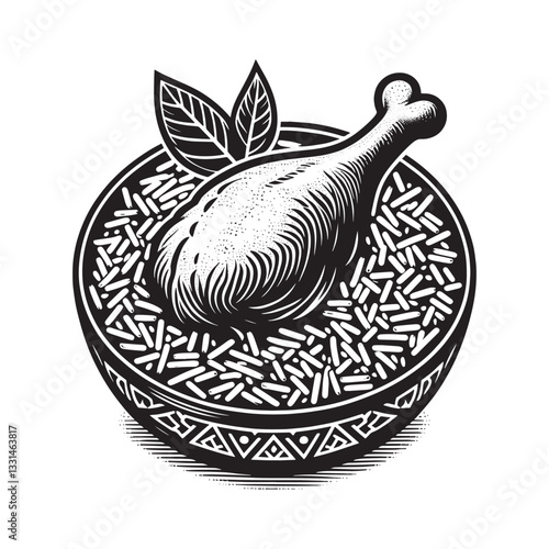 Stylized woodcut chicken biryani dish illustration with foliage garnish detail