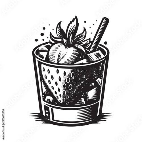 Stylized strawberry daiquiri illustration in minimalist woodcut drawing design