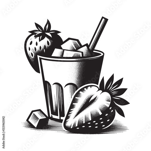 Stylized strawberry daiquiri with ice cubes in minimalist woodcut drawing style