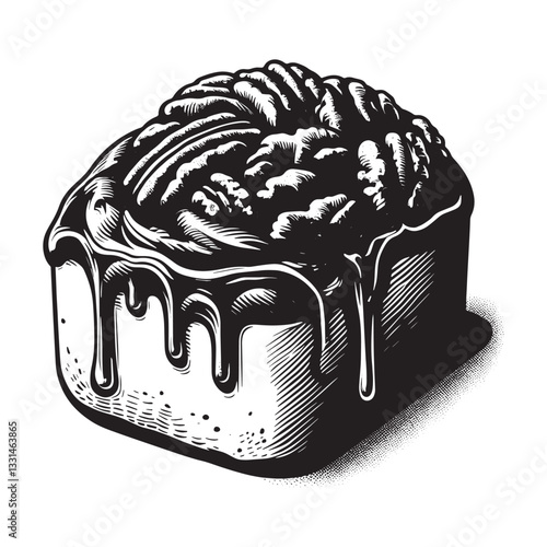 Stylized sweet roll with flowing caramel drizzle and pecans in detailed design