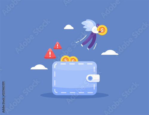 concept of money theft. warning of account balance theft. e-wallet and security. illustration of a thief stealing and running away with money from a wallet. flat style design. elements