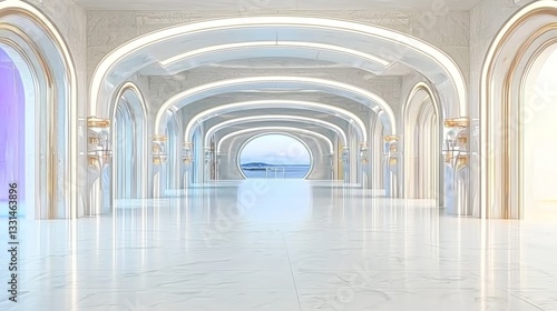The background of a futuristic tunnel is filled with bright white lights at a tilted angle