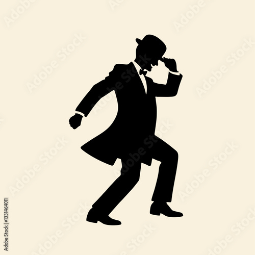 man in suit walking against strong wind wear bowler hat	
