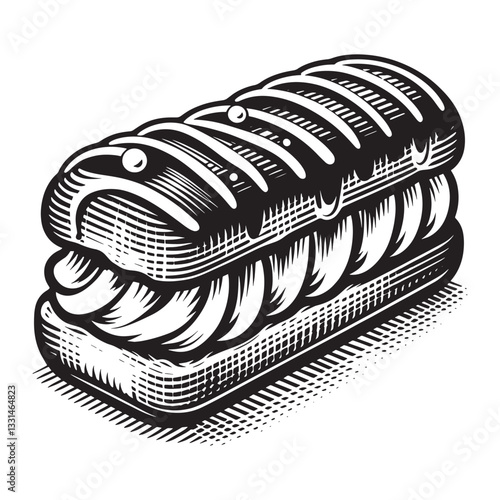 éclair with vanilla cream filling in minimalist clean woodcut drawing, 1744