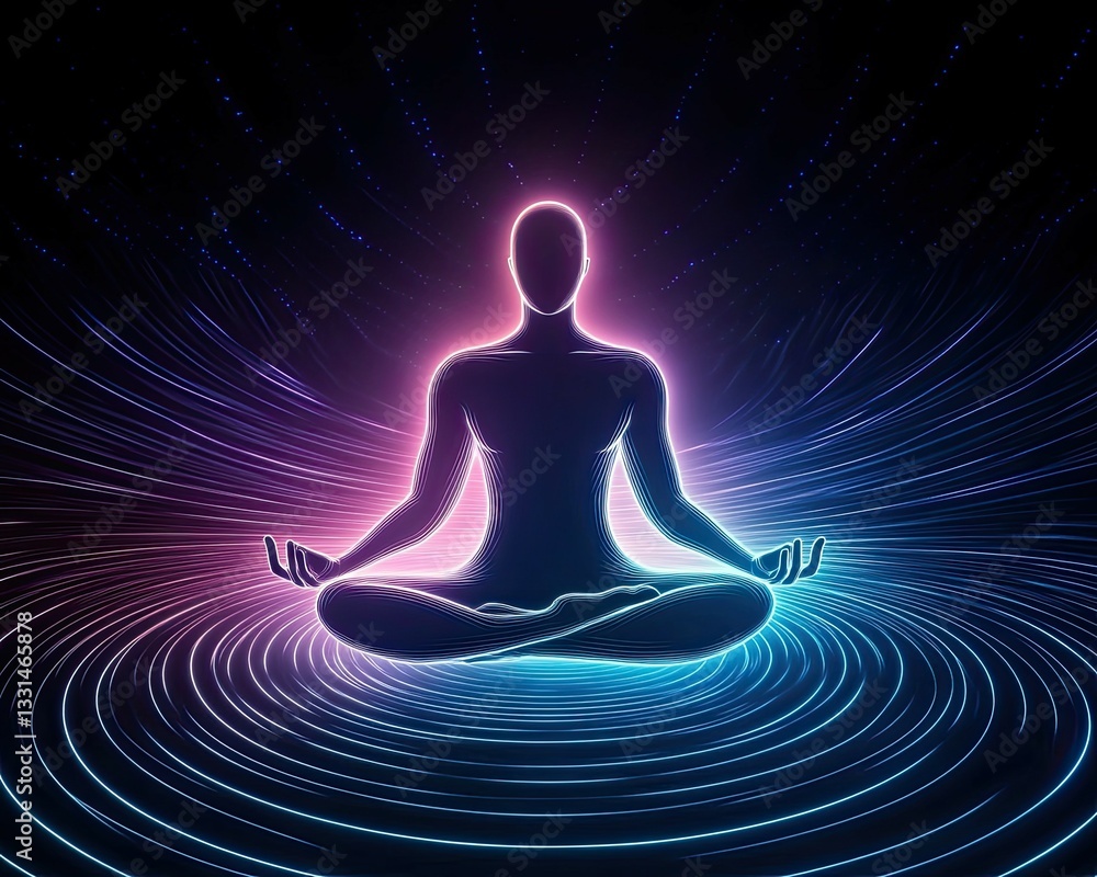 Single Color Neon Light A serene silhouette meditating amidst a vibrant, swirling energy field. Single Color Neon Light A serene silhouette meditating amidst a vibrant, swirling energy field.