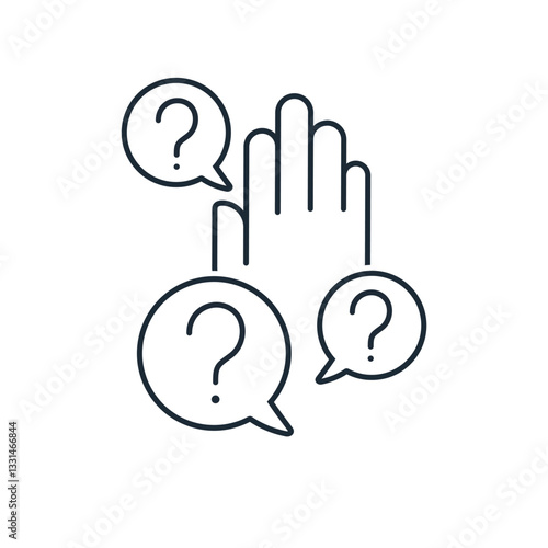 A person raising his hand with questions. To get an answer, to ask a question, to find out, to clarify.Vector linear icon isolated on white background.