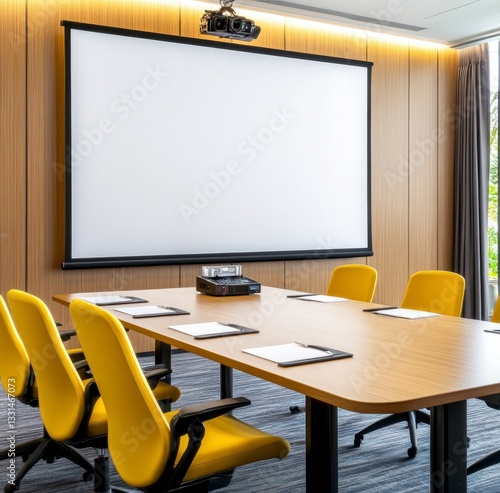 Wallpaper Mural Modern conference room interior with a large blank projection screen, a light wood table, and yellow chairs. Neutral color palette, bright lighting. Torontodigital.ca