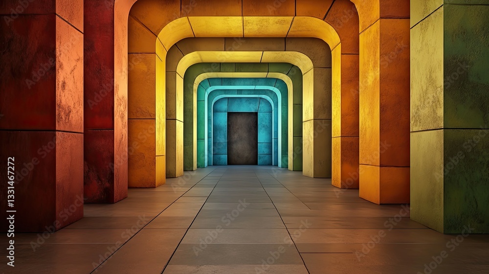 Fototapeta premium Single Color Neon Light Vibrant hallway with arches featuring colorful columns and a mysterious door.