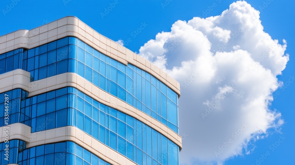 Modern glass building against a vibrant blue sky with a fluffy white cloud. The building features a unique architectural design with blue glass panels and off white horizontal accents. Modern glass building against a vibrant blue sky with a fluffy white cloud. The building features a unique architectural design with blue glass panels and off white horizontal accents.