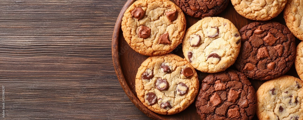 World baking day with homemade cookies concept. Delicious assorted cookies on a wooden plate World baking day with homemade cookies concept. Delicious assorted cookies on a wooden plate