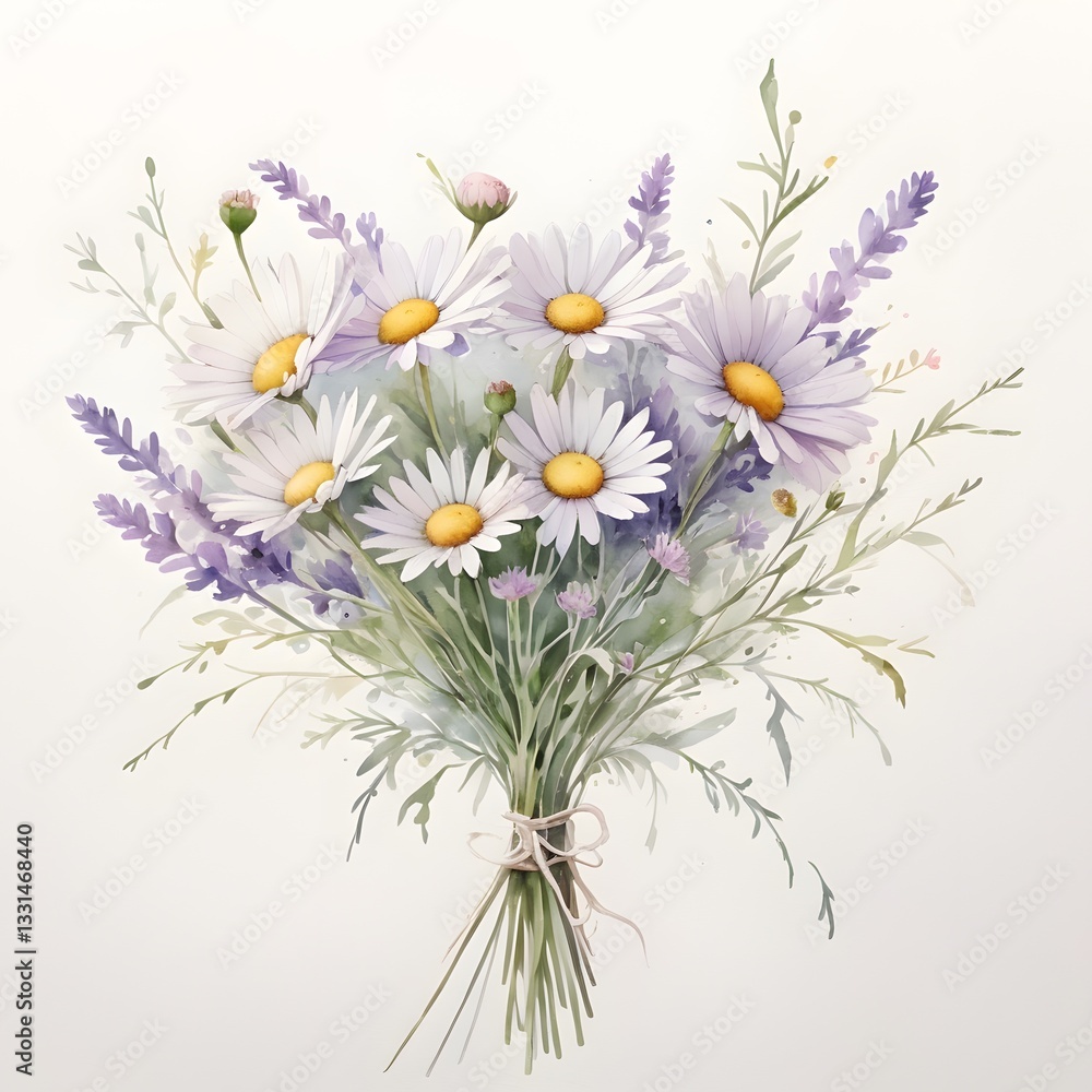 image of a bouquet of daisies and lavender, white background, watercolor, AI image of a bouquet of daisies and lavender, white background, watercolor, AI