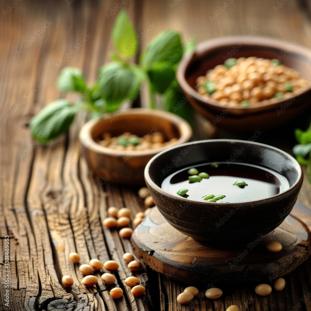 Soy grains in bowls and soybean oil, sauce. Everything is on old wooden table, creating cooking atmosphere. On cracked surface. Rustic style. Copy space. Soy grains in bowls and soybean oil, sauce. Everything is on old wooden table, creating cooking atmosphere. On cracked surface. Rustic style. Copy space.