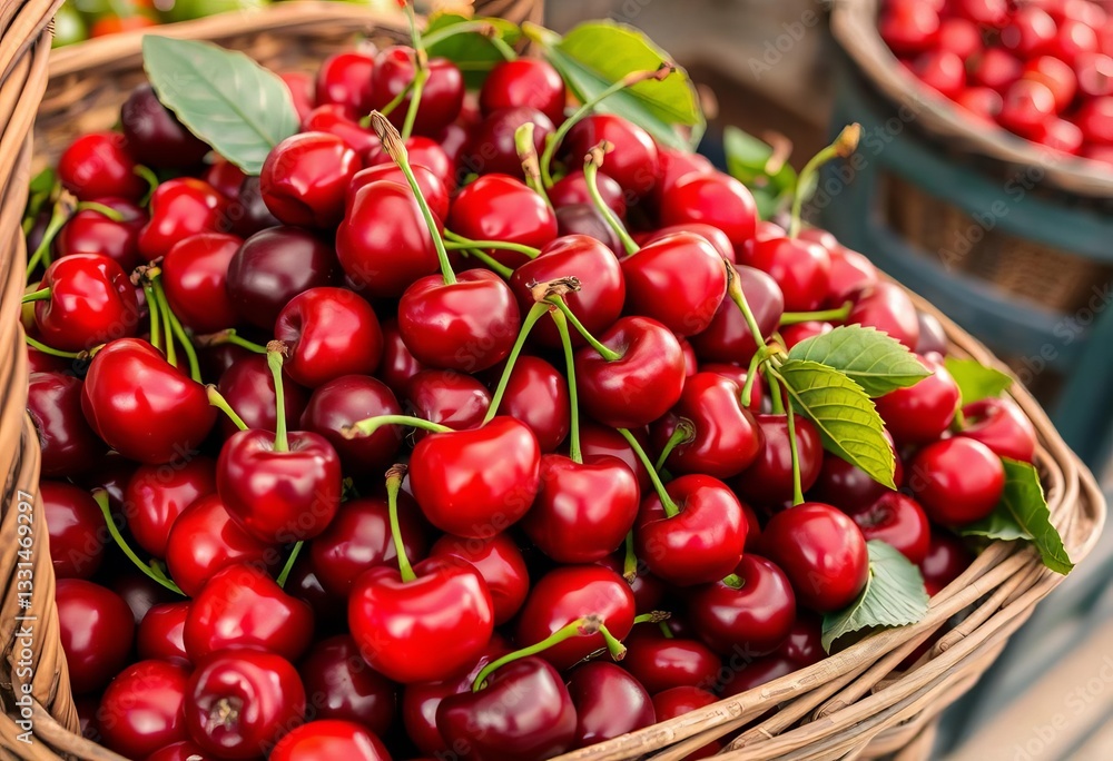 Luscious red cherries, plump and juicy, displayed in a rustic wooden basket at a farm market, photography, antioxidant Luscious red cherries, plump and juicy, displayed in a rustic wooden basket at a farm market, photography, antioxidant