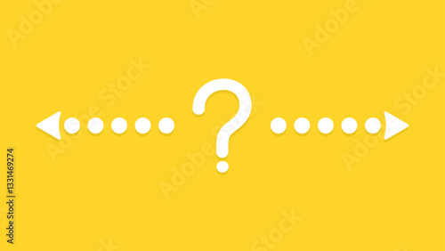 A white question mark centered between two dotted arrows pointing in opposite directions on a yellow background, symbolizing decision-making, uncertainty, or choice
