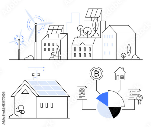 Wind turbines and solar panels powering buildings, energy distribution via smart grid, pie chart, and blockchain elements. Ideal for sustainability, technology, innovation, renewable energy, urban