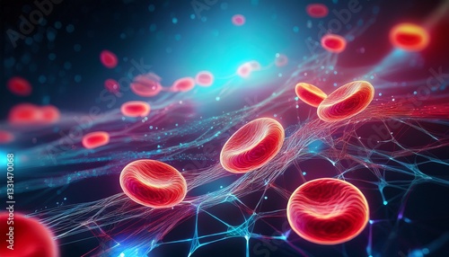 Holographic red blood cells floating in a neon data network, blending medical science with futuristic digital art aesthetics