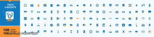 Tech Gadgets colorful icon set. Contains related to digital device, gadget, hardware, smart device, phone and more. Icon design. Device solid icons. Modern vector UI icons.