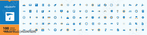 Velocity colorful filled icon collection. Contains related to performance, timer, power, movement, meter, speed, fast, move. Flat icon design. Conceptual pictogram and infographic.