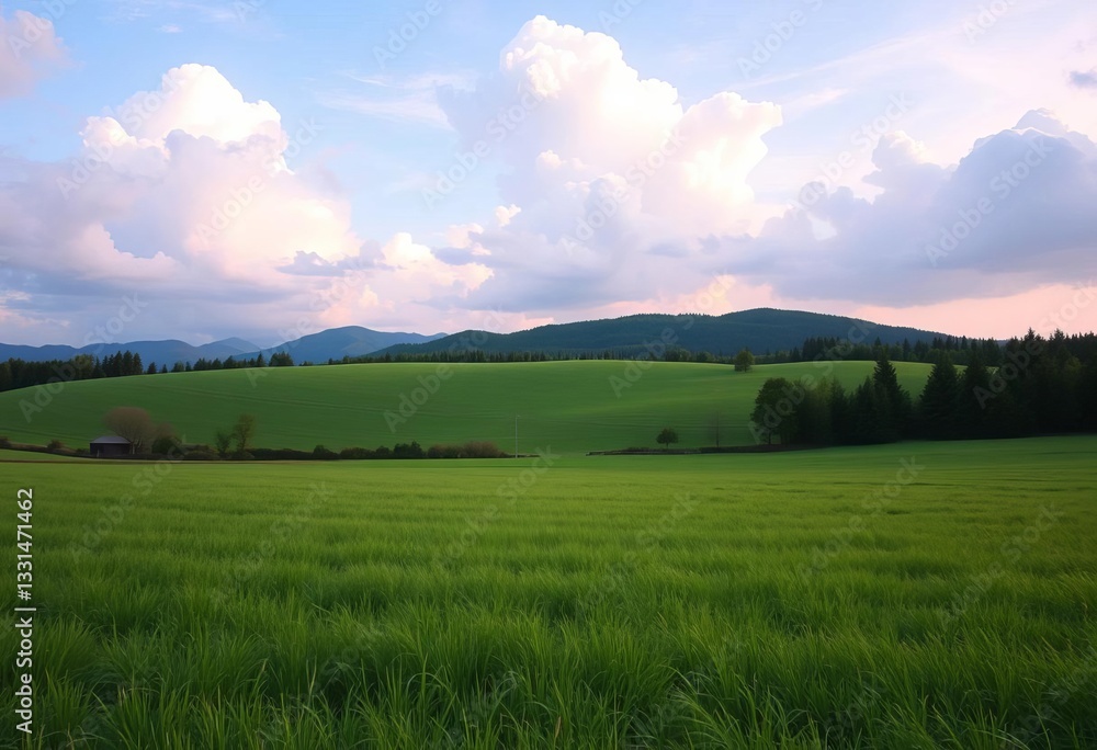 Obraz premium Pastel sky, fluffy clouds, green field, mountain trees, Easter backdrop, summer, vector