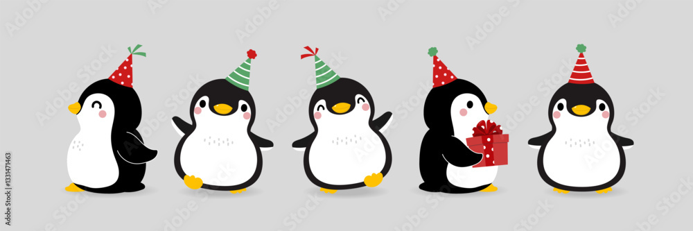 Obraz premium Merry Christmas and happy new year with cute little penguins in party hat. -Vector