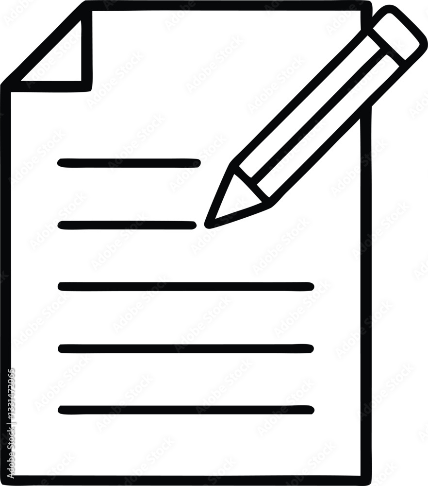 document with pencil icon, writing and editing symbol, black and white outline vector illustration document with pencil icon, writing and editing symbol, black and white outline vector illustration