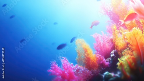 Fototapeta Naklejka Na Ścianę i Meble -  Ocean's Embrace: A vibrant underwater scene teeming with life, where colorful coral reefs and schools of fish dance in a symphony of light and color.