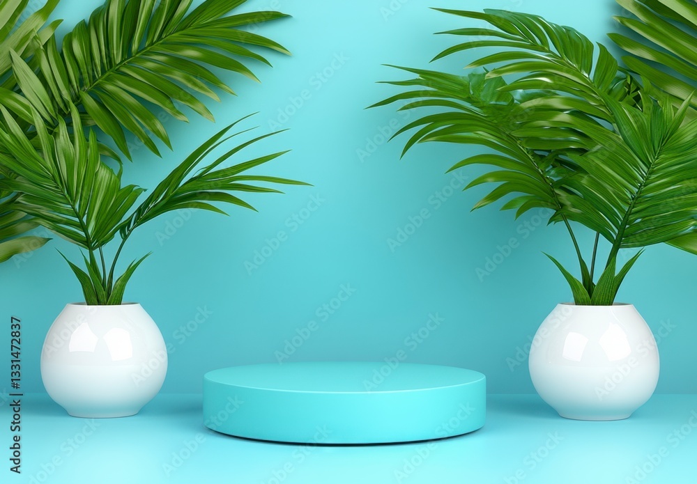 Obraz premium Light blue cylindrical platform sits between two white vases with lush green palm leaves against a pastel blue background. Clean, minimalist product display.