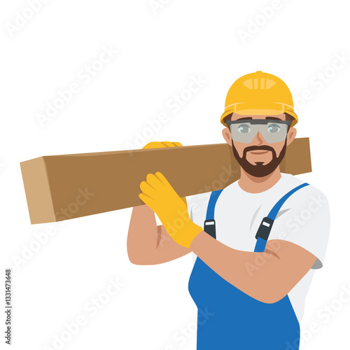 Construction Worker and hardworking builder wearing protective gear carries a wooden beam. Flat Vector character illustration