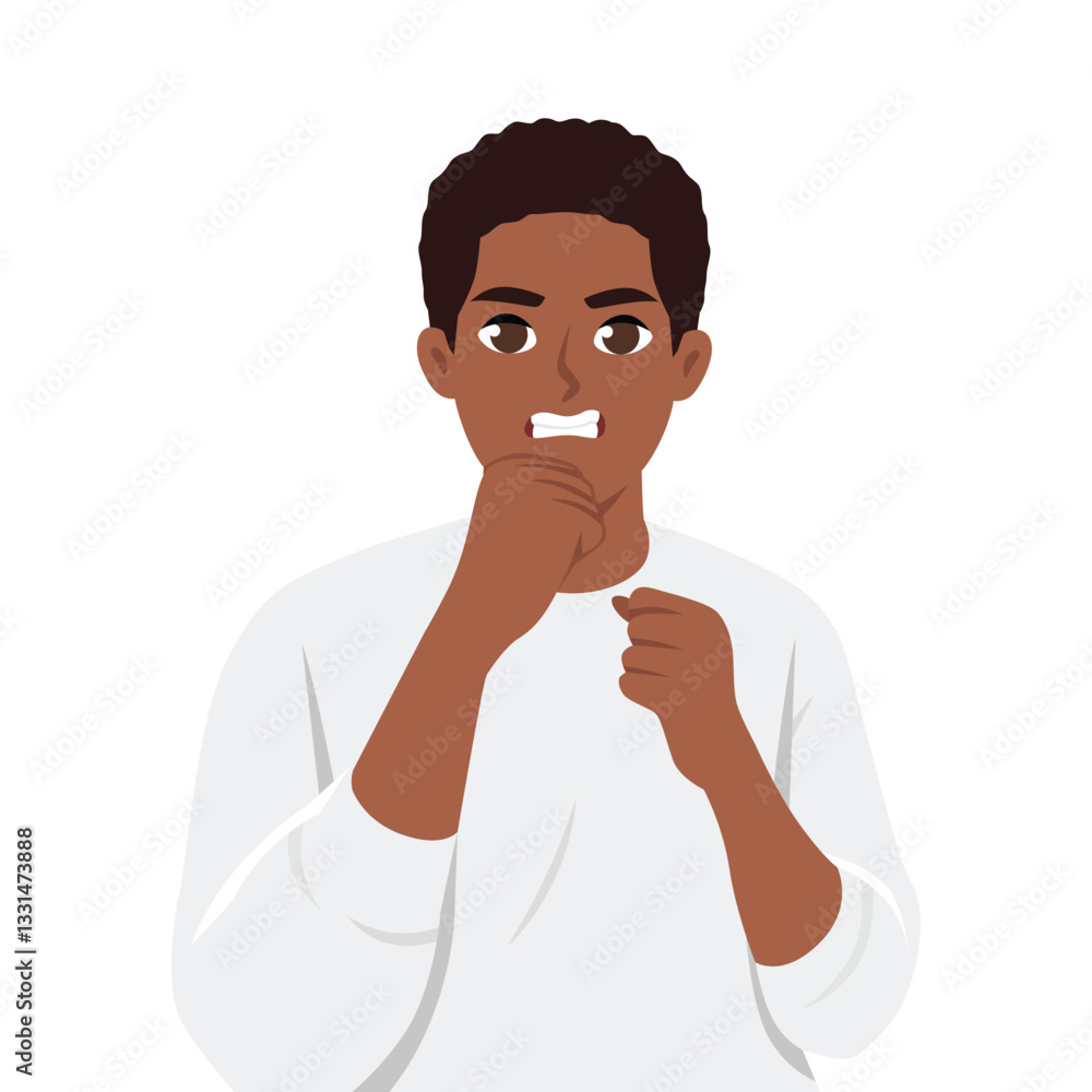 Man with a tense expression bites his lip and raises his fists, ready to fight. Flat Vector character illustration Man with a tense expression bites his lip and raises his fists, ready to fight. Flat Vector character illustration