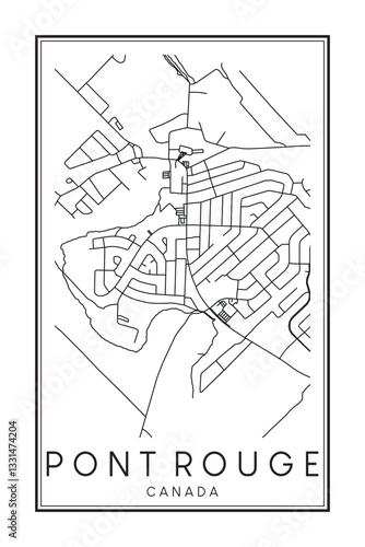 Hand drawn printable downtown road map poster of the Canadian town of PONT ROUGE on solid white background with town name