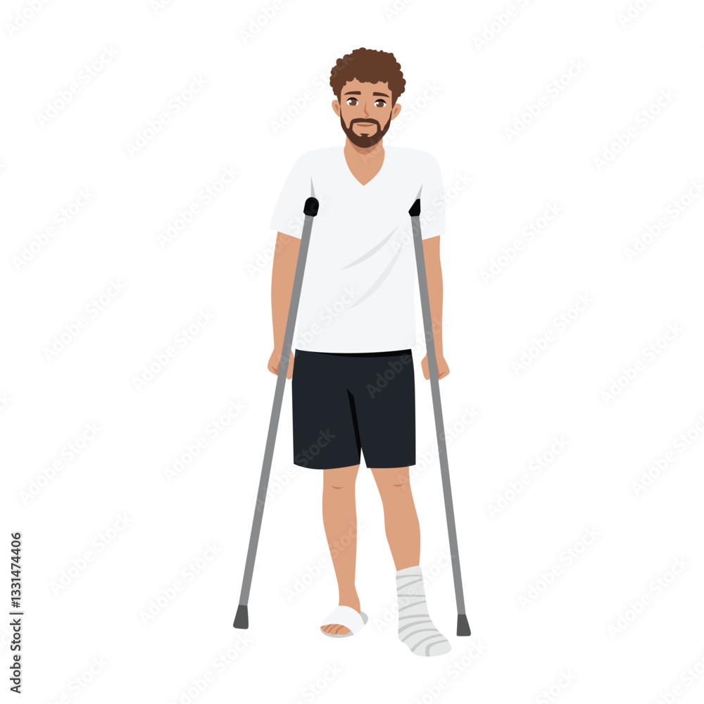 Resilient man with a bandaged foot and crutches maintains a positive expression despite his injury. Flat Vector character illustration Resilient man with a bandaged foot and crutches maintains a positive expression despite his injury. Flat Vector character illustration