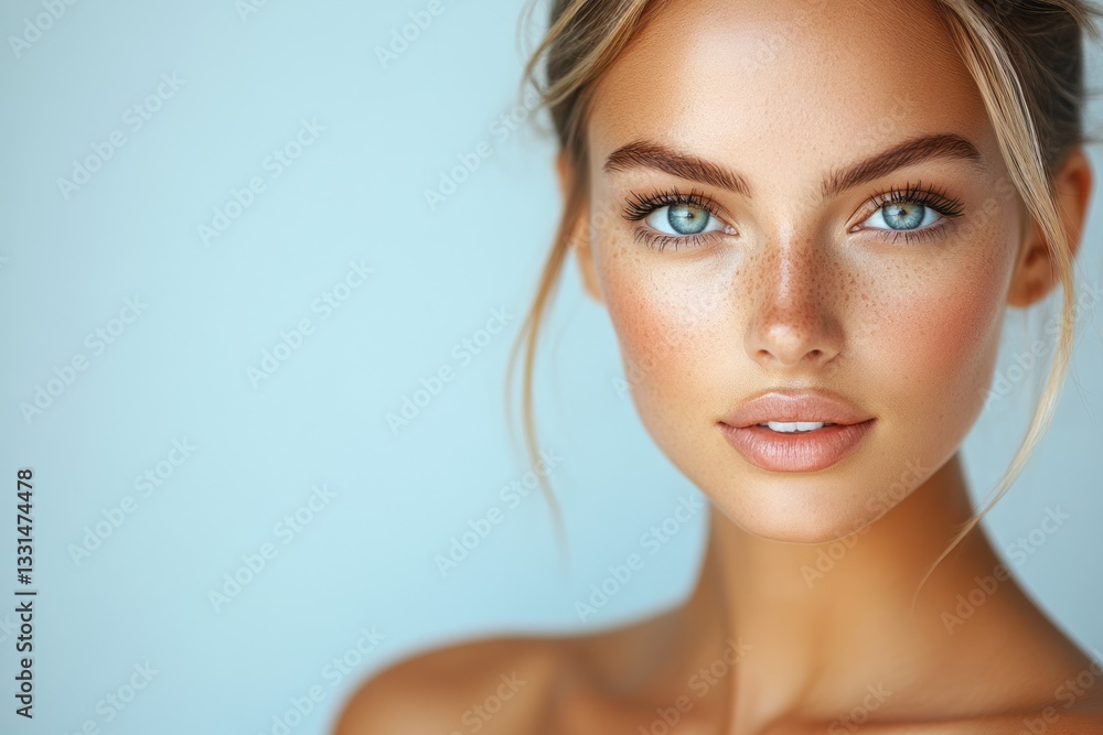 Obraz premium Attractive woman with freckles gazes forward into the camera