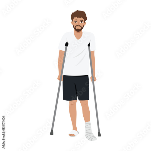 Resilient man with a bandaged foot and crutches maintains a positive expression despite his injury. Flat Vector character illustration