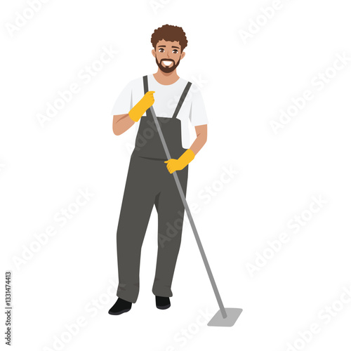 Cleaner wearing gloves and overalls is mopping the floor, clean and hygienic environment. Flat Vector character illustration