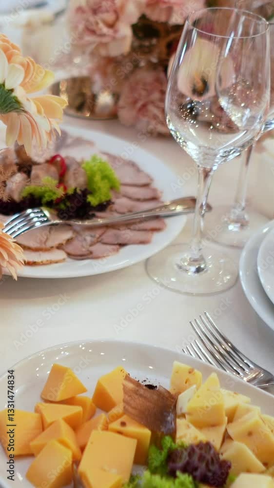 Catering service on banquet table with canape snacks in restaurant. Decorated food set on birthday, wedding celebration or business event venue. Many delicious dishes on the festive table, close-up Catering service on banquet table with canape snacks in restaurant. Decorated food set on birthday, wedding celebration or business event venue. Many delicious dishes on the festive table, close-up