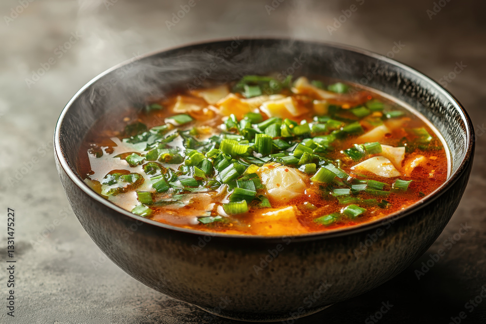 Bowl of soup with hearty chunks of meat and vibrant green onions, steaming and inviting. Bowl of soup with hearty chunks of meat and vibrant green onions, steaming and inviting.
