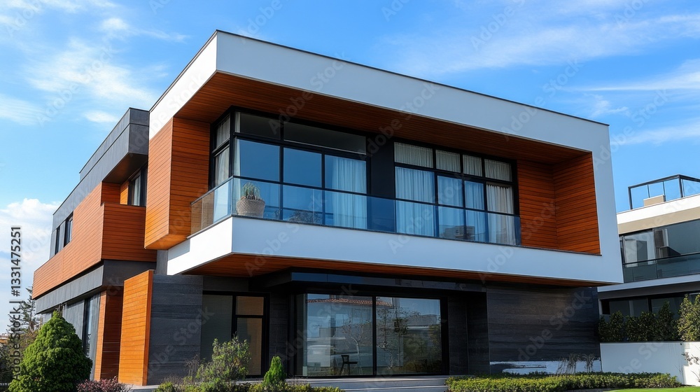 This luxurious residence features a striking modern facade that blends wood and glass, creating a harmonious balance of elegance and comfort This luxurious residence features a striking modern facade that blends wood and glass, creating a harmonious balance of elegance and comfort