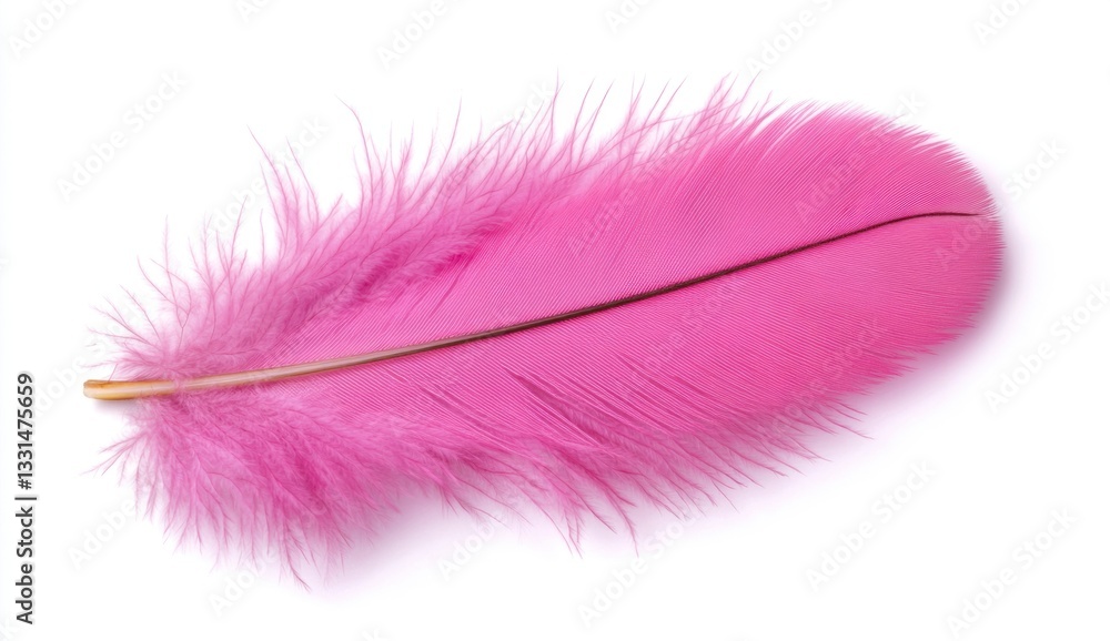 Single pink feather isolated on white background. Soft, fluffy texture. Detailed view of delicate barbs and quill. Single pink feather isolated on white background. Soft, fluffy texture. Detailed view of delicate barbs and quill.