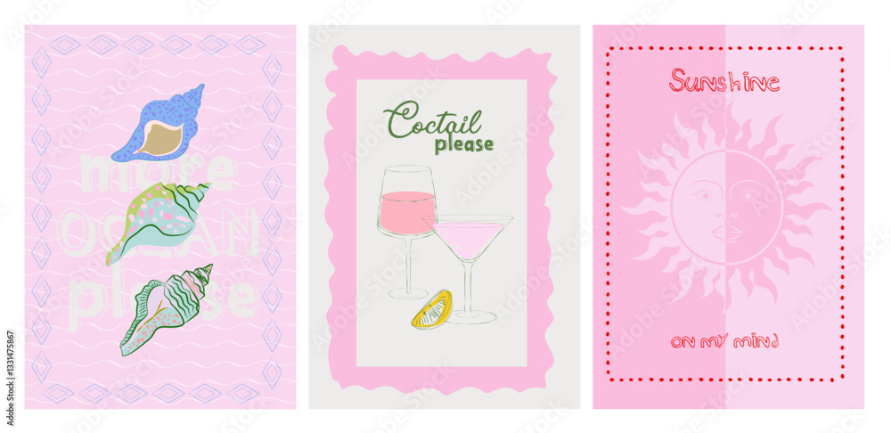 Collection of colorful Summer posters. Playful prints, Whimsical Summer Arts. Editable vector illustration