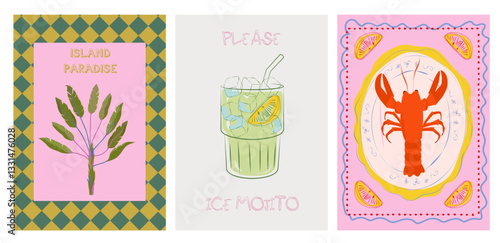 Collection of colorful Summer posters. Playful prints, Whimsical Summer Arts. Editable vector illustration