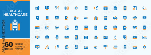 Set of Digital Healthcare colorful solid icons. Contains such icons as consultation, digital care, healthcare, virtual healthcare, care, patient and more. Health filled icon collection.