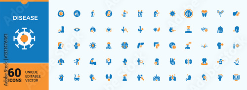 Disease colorful icon pack. Featuring treatment, health care, sick, allergy, medicine, pain and more. Icons for design. Sick vector icon set. Vector illustration.