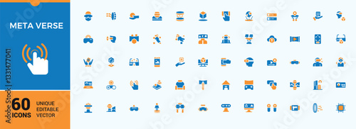 Meta Verse colorful icons. Vr minimalistic icon. Filled icon collection. Cyberspace minimal icon set. Vector artwork and illustration.