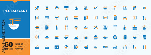 Restaurant colorful icon collection. Included food, cooking, drink, dinner and more. Filled icon. Cook modern icons set. Editable vector illustration.