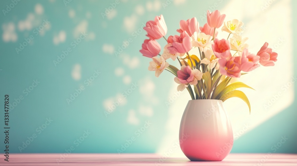 Vase with Tulips and Daffodils on Table in Soft Light Vase with Tulips and Daffodils on Table in Soft Light